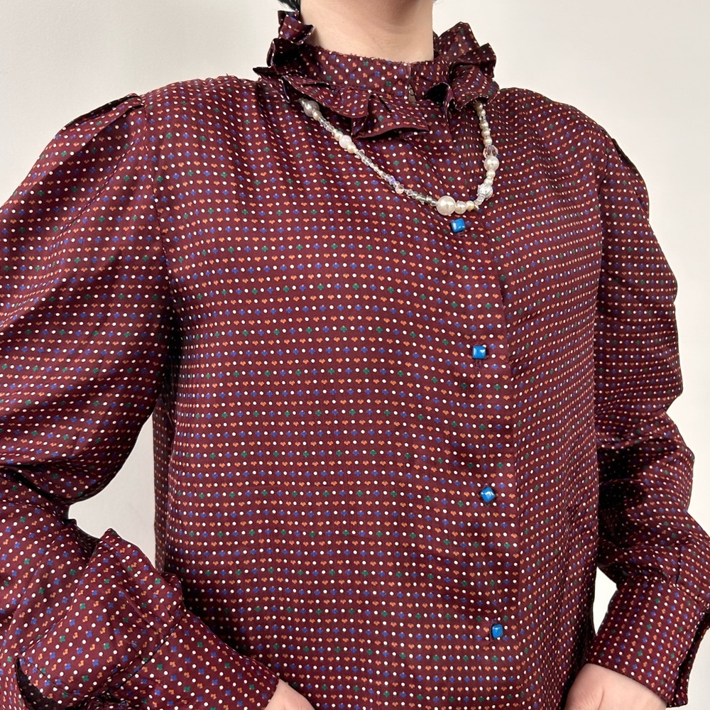 Vtg. 70s early 80s Brown & Blue Button Ruffled Prairie Blouse